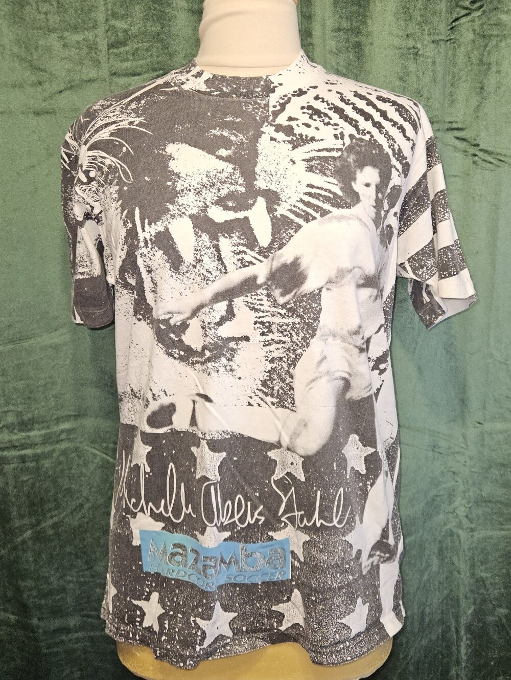 Vintage 90s Michelle Akers USWNT All Over Print Tee Mazamba Hardcore Soccer - Picture 1 of 5